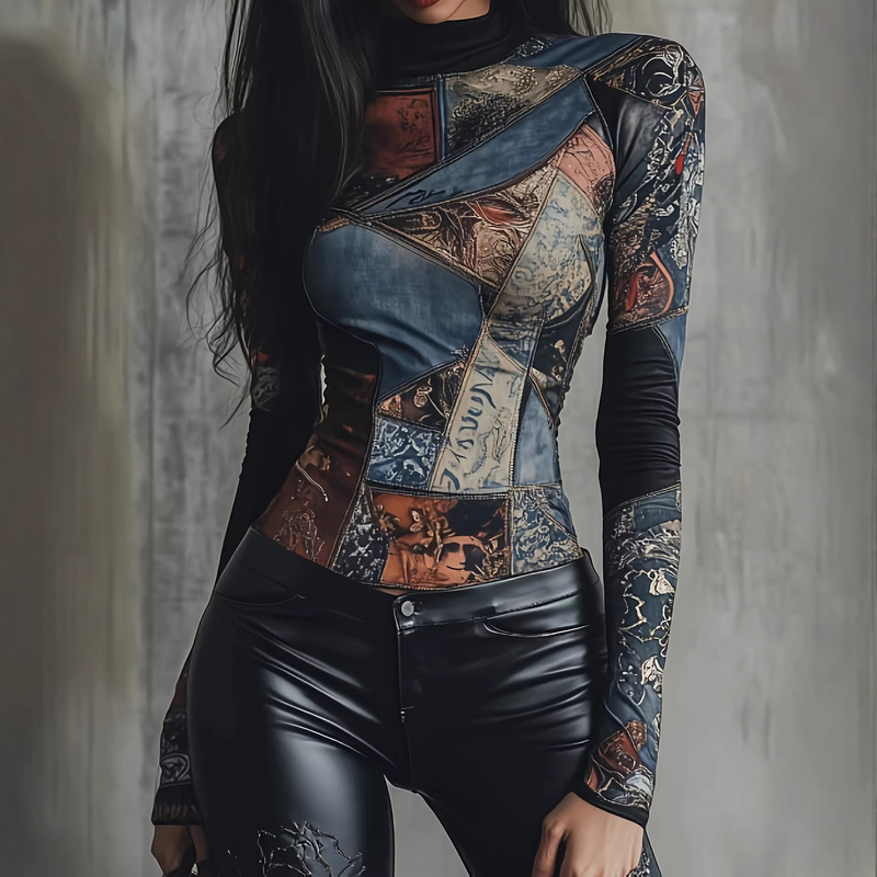 2026 Women's Retro Patchwork Printed Turtleneck Slim-Fit Long-Sleeve T-Shirt Top with Unique Style
