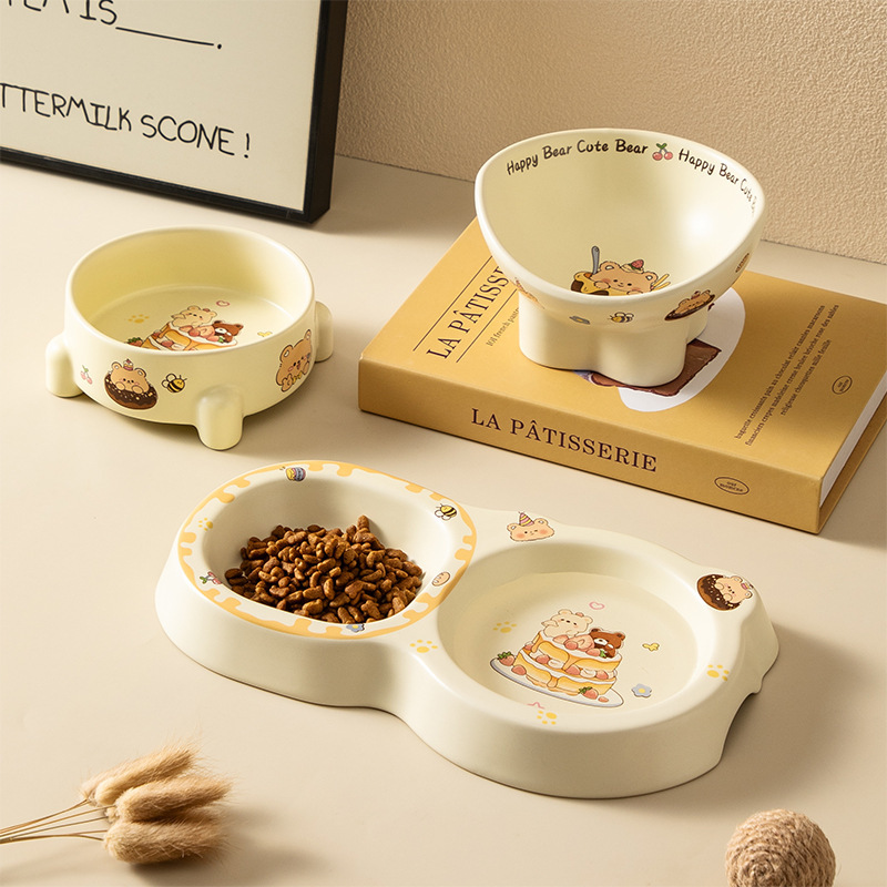 Cake Bear Ceramic Pet Bowl Cute Anti-Tip Cat Food Bowl Protects Cervical Vertebra Cat Bowl Dog Bowl Large Diameter Drinking Bowl