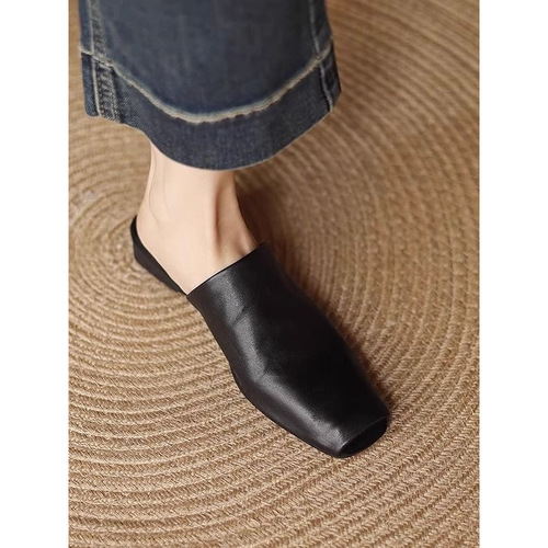 Soft Leather Grabby Lazy Head Cover Half Slipper for Women, Autumn New Style, Outerwear One-Piece Low Heel Muller Shoes