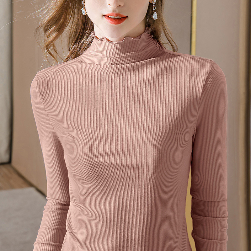 Camiseta interior modal para mujer, cuello medio alto, ropa de mujer 2024, efecto rejuvenecedor, borde con volantes, ropa interior para otoño e invierno, top ajustado a la cintura con mangas con volantes.