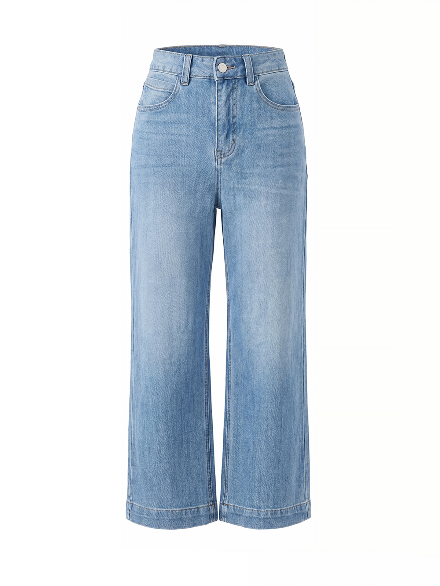 Quần jean nữ cạp cao ống rộng chất liệu cotton pha sợi co giãn mềm mại — xanh lam