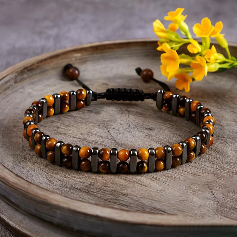 Tiger Eye And Black Agate Beaded Bracelet For Men, Natural Stone_voghion.com
