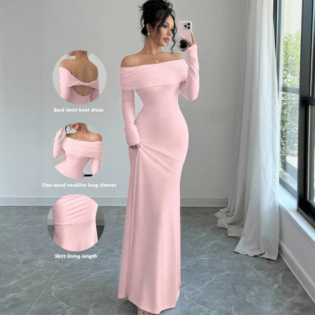 2025 Foreign Trade European And American Women's Clothing Cross Backless Sexy Off-Shoulder Elegant Long Dress_ecoleips.com