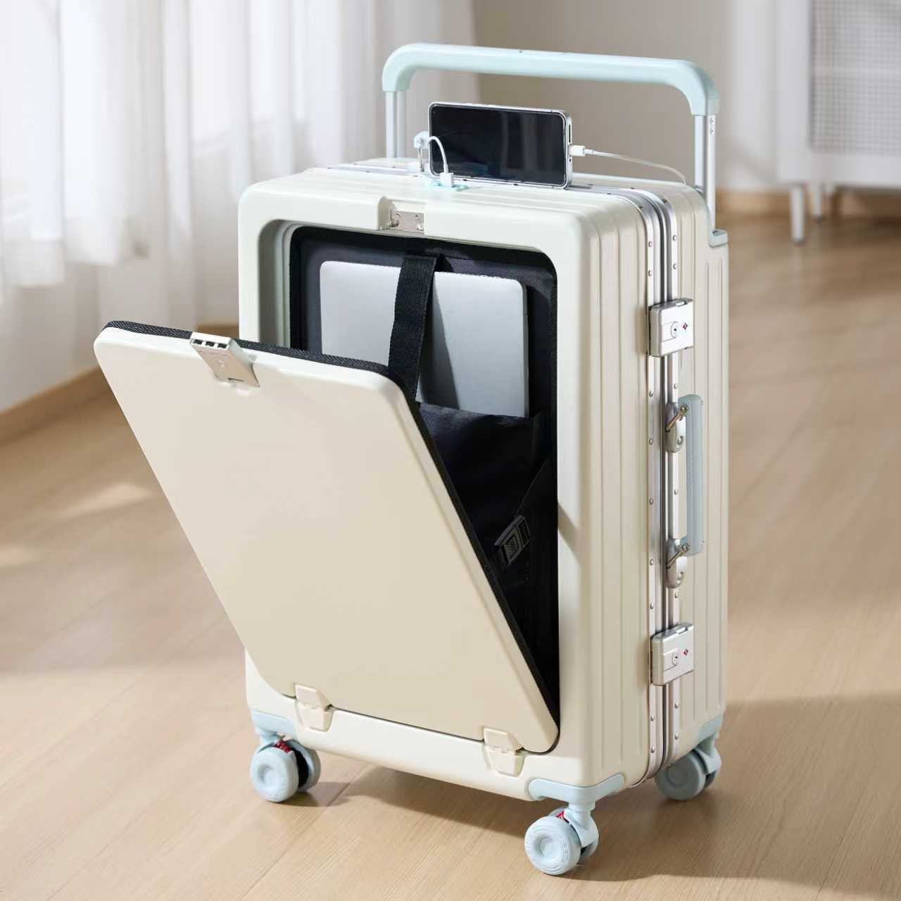 화이트 & 라이트 블루 - 레트로 휠 (알루미늄 프레임 전면 개방형 + USB 충전 + 컵 홀더)