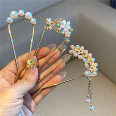 Temperament rhinestone pearl hairpin ancient style tassel hairpin hairpin on the back of the head internet celebrity U-shaped hairpin hairpin