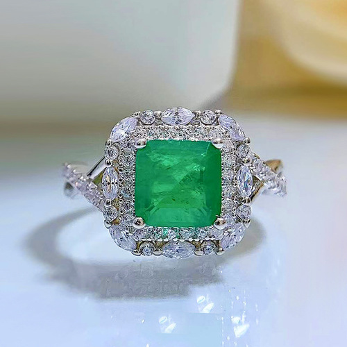 Mujing Jewelry  new ring ins simulation 7*7 emerald diamond ring foreign trade hot selling S925 silver ring