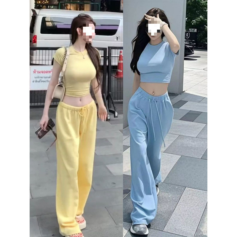 Fashion Casual Sports Suit Women's Summer Sexy Slim Short Round Neck Short Sleeve T-Shirt