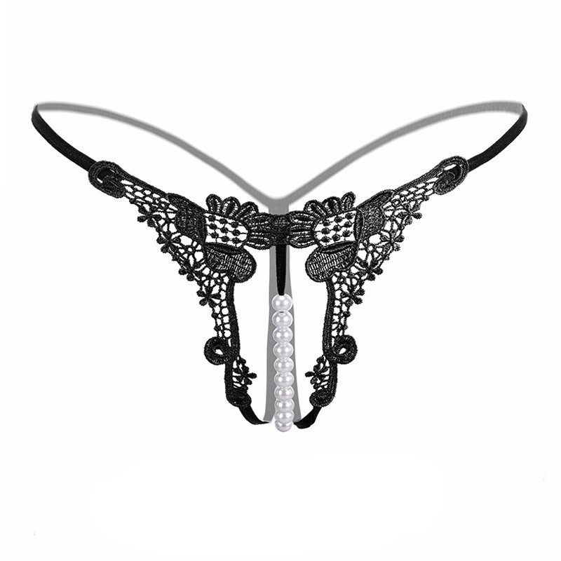 Women’s Embroidered Open-Crotch G-String with Pearl Detail, Sheer Hollow Design, Rose Red, One Size — detail image 1