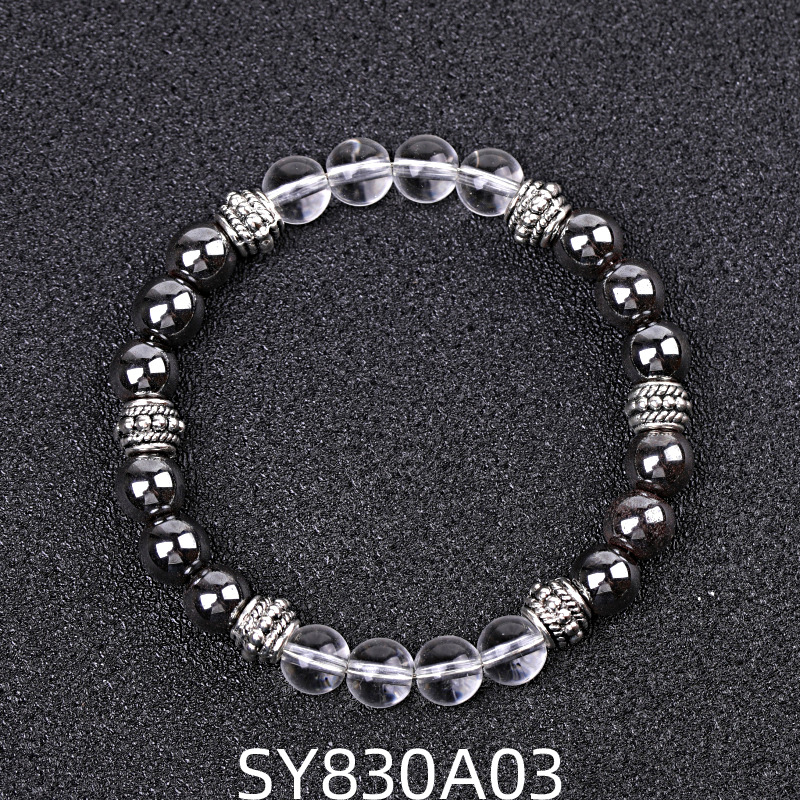 SY830A03 white crystal + black iron ore bead bracelet