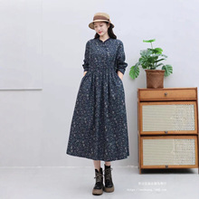 立领盘扣棉麻长裙2025秋季新款印花长袖收腰连衣裙复古碎花裙大码