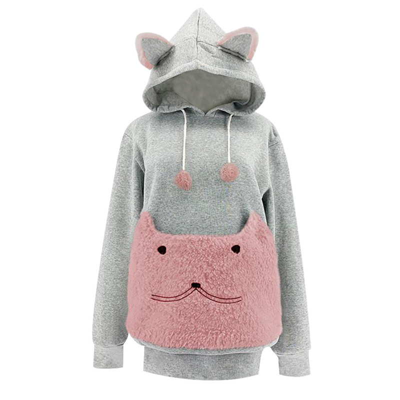 Cute Cartoon Cat Drawstring Pom-Pom Hoodie with Cat Ears and Plush Pockets for Carrying Kittens, Lazy Sweatshirt for Outdoor Use, Cross-Border