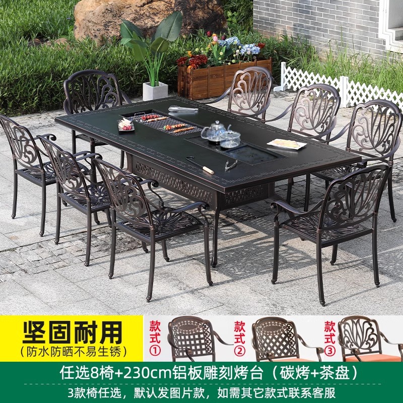 Mesas y sillas de aluminio fundido al aire libre Mesas y sillas de comedor de patio Mesas y sillas de jardín al aire libre Cartera de barbacoa de aleación de aluminio Hoja de ingeniería del hotel