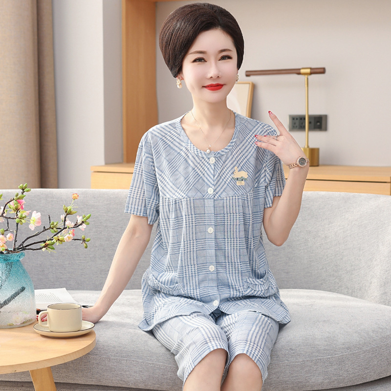 Middle-aged and elderly mothers pajamas women's summer short-sleeved cropped pants round neck cardigan plus size home wear cotton elderly suit Middle-aged and elderly mothers pajamas women's summer short-sleeved cropped pants round neck cardigan plus size home wear cotton elderly suit