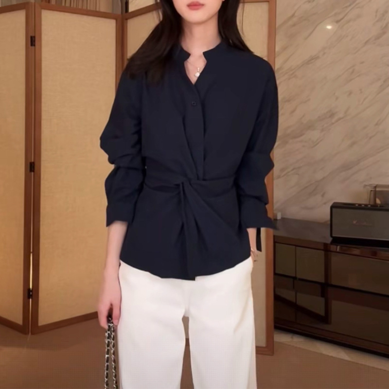 欧货设计感2025秋季柔感莱赛尔长绒棉混纺&扭结设计收腰两穿衬衫|undefined