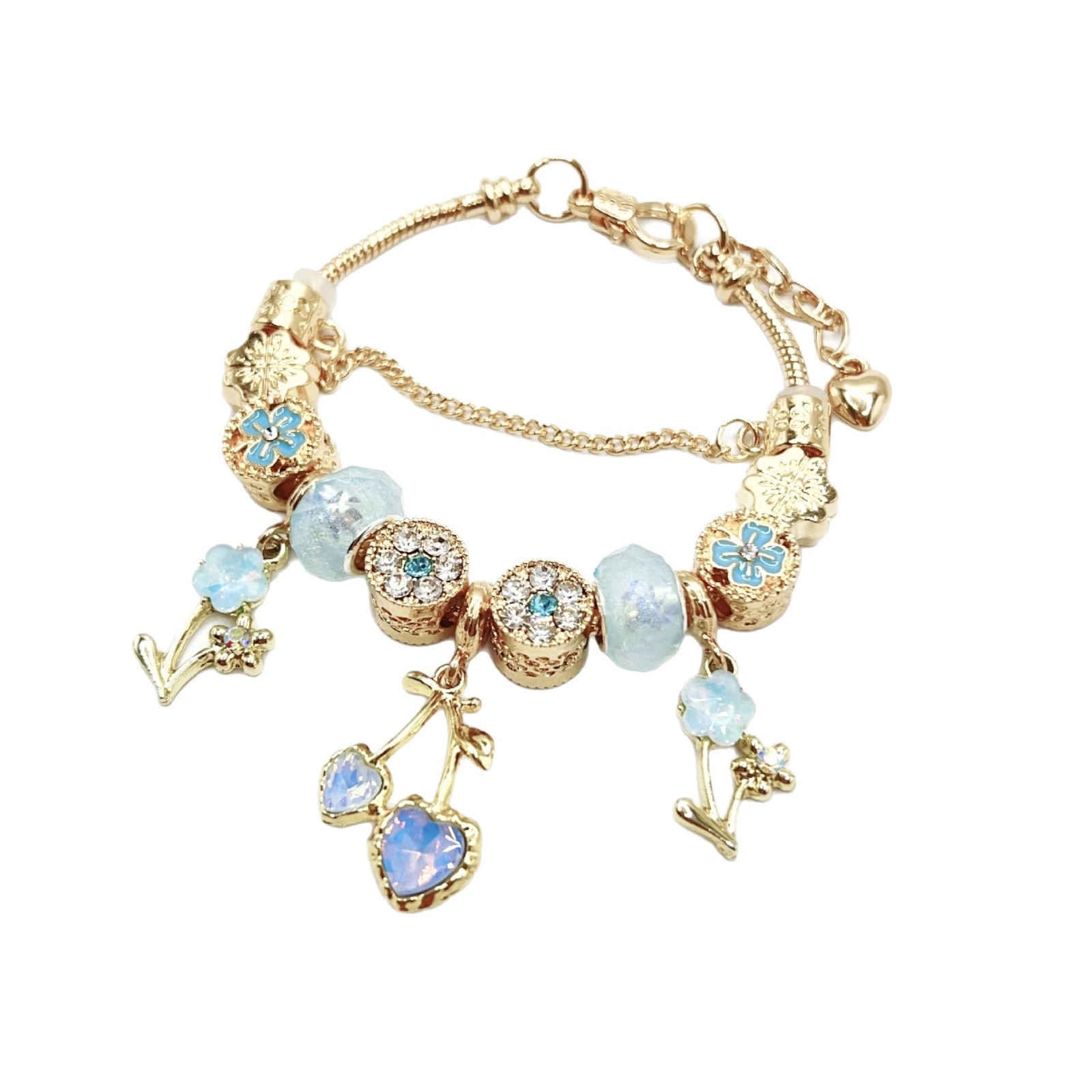 Cherry Blossom Bracelet Gold Blue Adjustable Floral Bangle_voghion.com