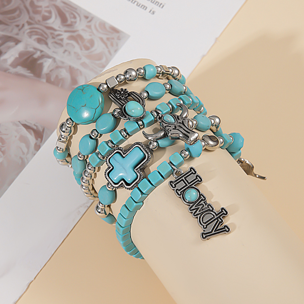 49g Weight Alloy Pendant Material Bracelets Classification Beaded, Turquoise Chain Material 1 Set Quantity Daily Occasion Beaded, Alloy, turquoise Material Cross, Cattle, Boots Pattern Women's Gender Retro Style Retro Cross Cattle Boots Beaded Alloy Turquoise  Beaded Bracelets Wholesale 15