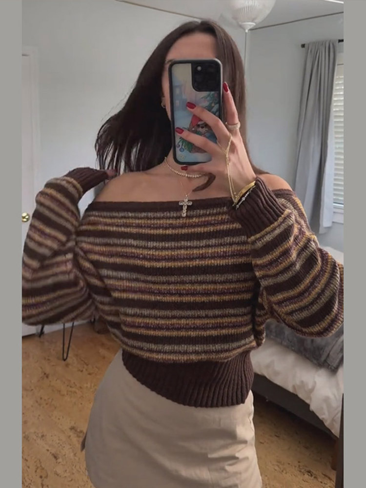 Moda de hombro con rayas de color contrastante suéter chaqueta mujer 2025 transfronteriza Europa y Estados Unidos principios de otoño nuevo caliente
