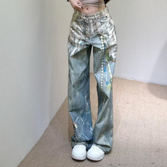 AC正确版美式2025秋新款牛仔3D打印蕾丝珍珠链条做旧直筒牛仔裤女
