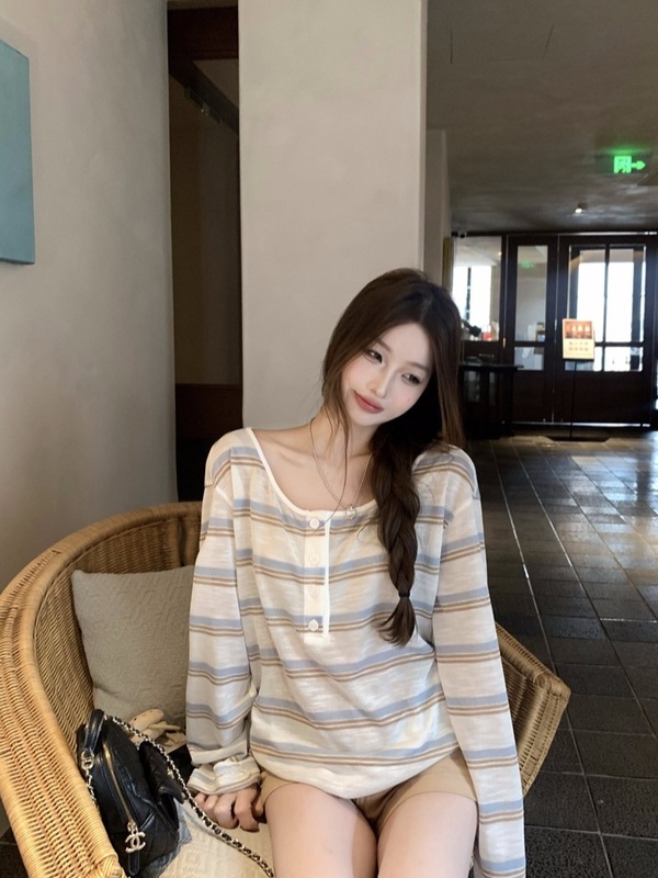 韩系慵懒条纹薄款微透长袖T恤女早秋防晒罩衫设计感宽松休闲上衣|undefined
