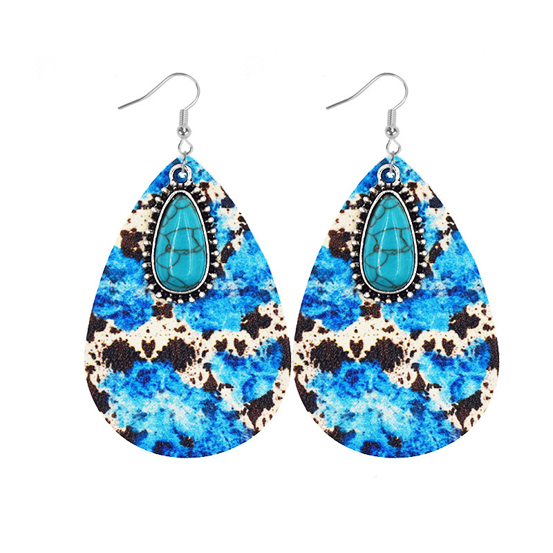 1 Paire Rétro Tournesol Bloc De Couleur Les Gouttelettes D'eau Faux Cuir Incruster Turquoise Femmes Boucles D'oreilles Lustre display picture 4