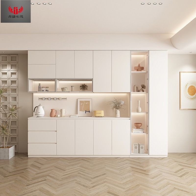 Gabinete de vino de madera sólida, gabinete de comedor, gabinete alto en uno, moderno y simple, armario de cocina contra la pared, armario multifuncional, viento de crema