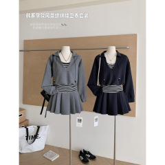 熹凤梨韩系简约时尚假两件卫衣+松紧腰气质显瘦休闲A字百褶裙套装