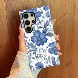 外贸爆款二合一菲林壳适用GalaxyS24手绘蓝色花朵三星S25+手机壳