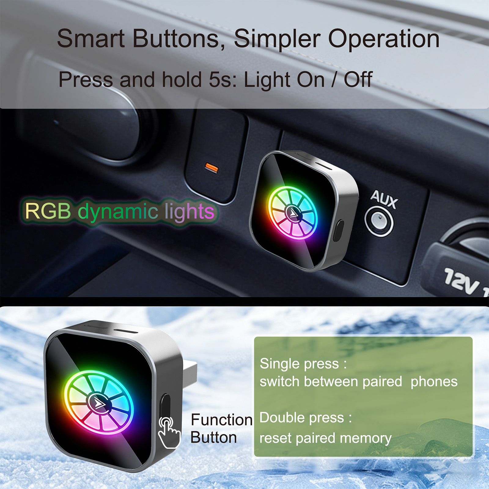 Rgb Colorful Lights Smart Button Wireless Carplay Adapter Android Auto Two-In-One Box Upgraded Version