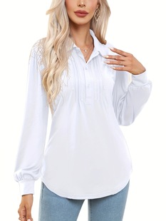2025 Cross-Border New European and American Women's Autumn Casual Solid Color Lapel Button Long Polo Shirt