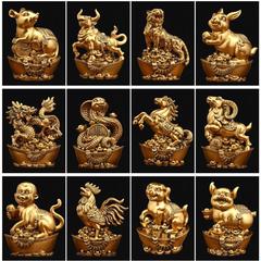 Set of 12 Chinese Zodiac Animal Figurines Made of Copper-Plated Resin - Rat, Ox, Tiger, Rabbit, Dragon, Snake, Horse, Goat, Monkey, Rooster, Dog, and Pig