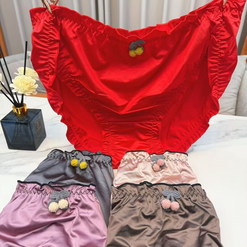 2025 New Style 75-125kg Plus-Size Vintage Court-Style Ruffled Panties Satin Pure Cotton Low-Rise High-Waist Three-Pack