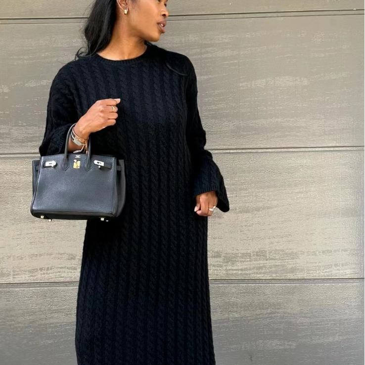Vestido Suéter Largo Elegante de Estilo Europeo y Americano Otoño 2023 para Mujer, Manga Larga, Estilo Holgado, Cuello Redondo image 5