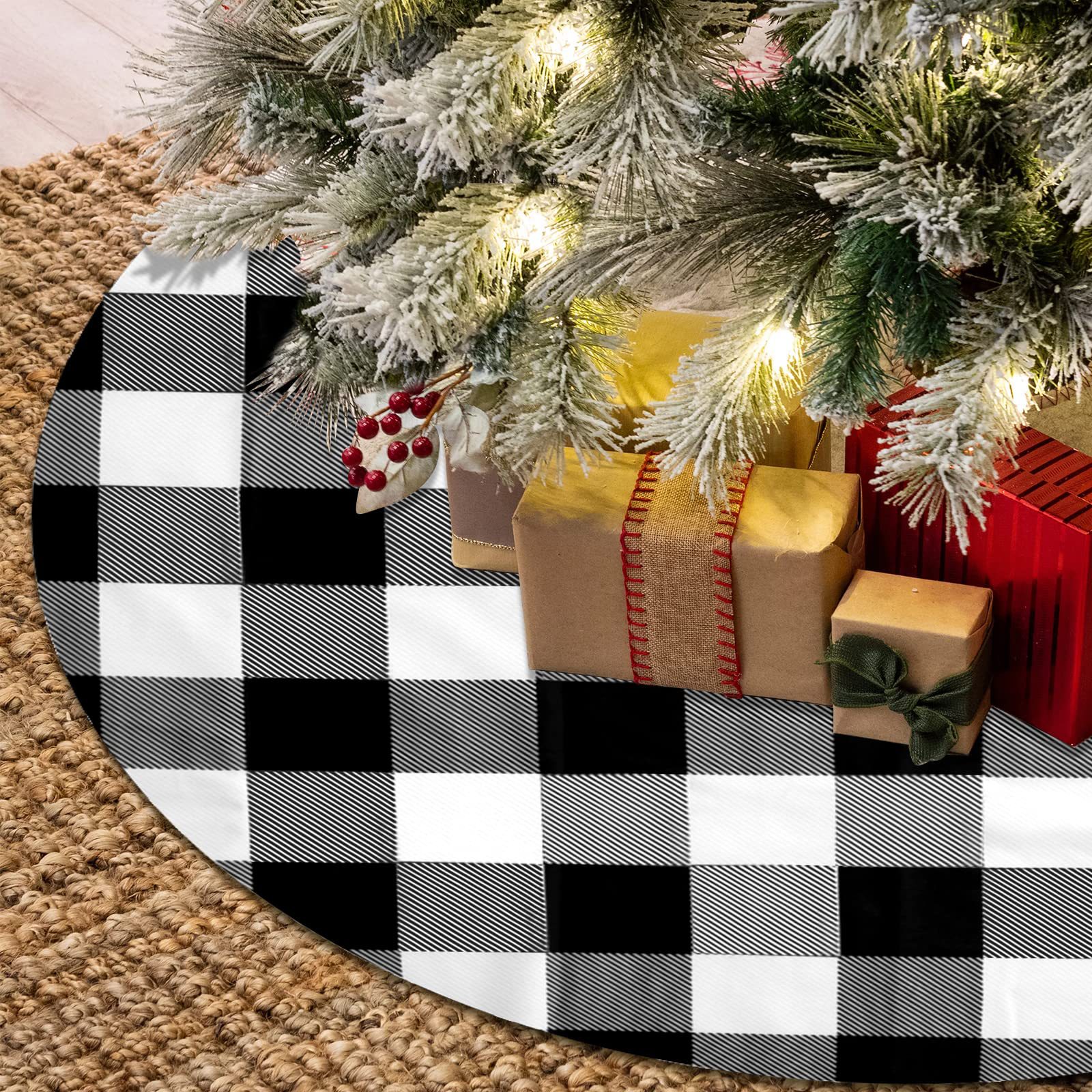 Falda de árbol de Navidad a rayas FIESTA DE Navidad copo de nieve Plaid pastel de azúcar impreso felpa corta árbol de Navidad diseño inferior