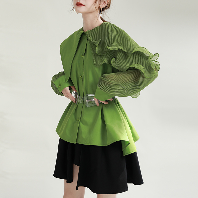 2025 Spring New Lapel Ruffled Roll Ruffled Irregular Stitching Loose Long Sleeve Shirt with Belt Top 2025 Spring New Lapel Ruffled Roll Ruffled Irregular Stitching Loose Long Sleeve Shirt with Belt Top
