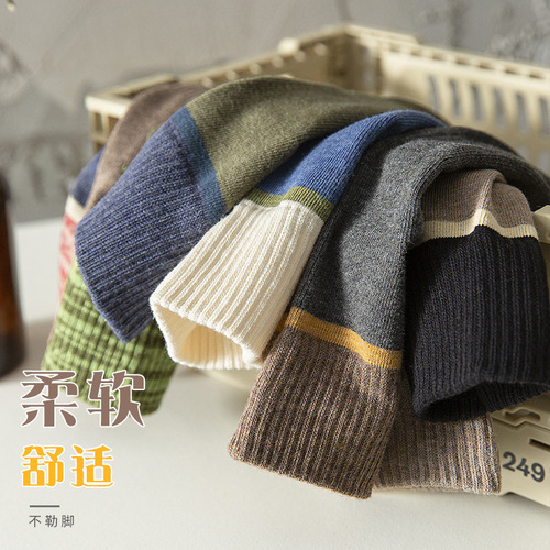 Zhuji men's mid-calf socks, moisture-wicking and breathable, spring and autumn style, 100% cotton, color-matched short socks, sporty, autumn and winter, Instagram trendy