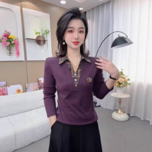 2025秋季新款时尚翻领假两件气质妈妈装休闲减龄显瘦长袖针织上衣