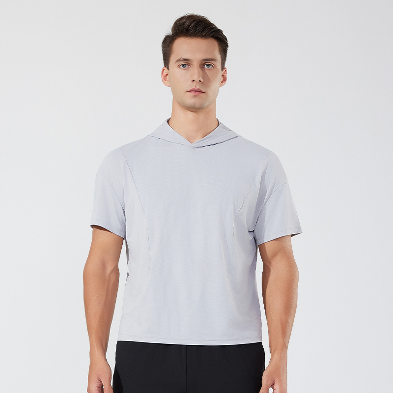 Verano nuevo estilo para hombres y mujeres con el mismo estilo de secado rápido casual de manga corta suelta blusa transfronteriza para correr al aire libre de manga corta con capucha de manga corta