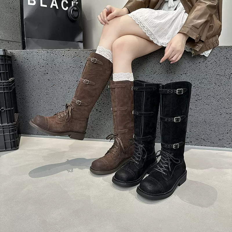 欧美2025新款百搭真皮女靴厚底增高骑士靴不过膝长筒靴潮女
