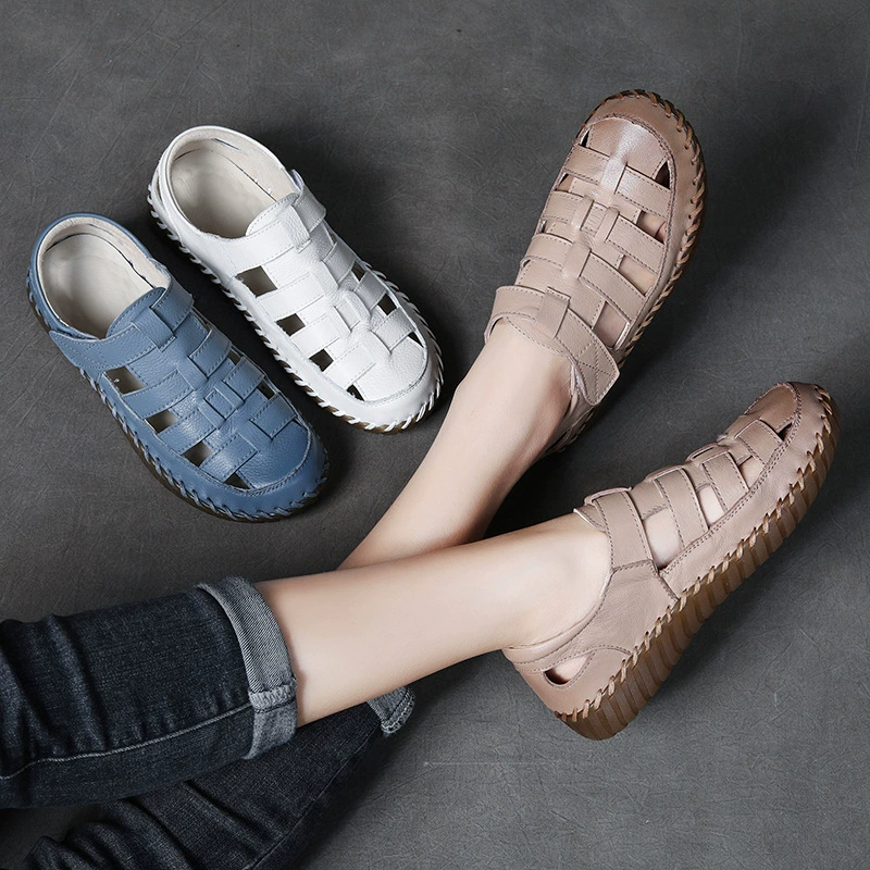 Мама обувь женская весна и лето кожаная обувь с мягким дном, нескользящие сандалии, ажурные римские туфли, липучка плоская подошва По беременности и родам обувь