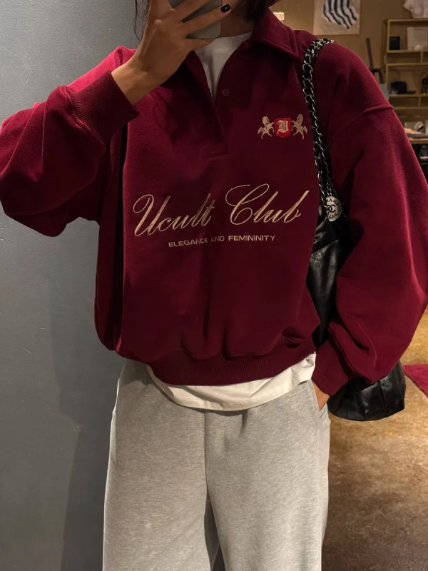 ヨーロッパとアメリカンスタイルのファッショナブルな個性ハンサムなレタープリントニッチ楽しいハーフジップラペル厚みのある通勤スウェットシャツ|undefined