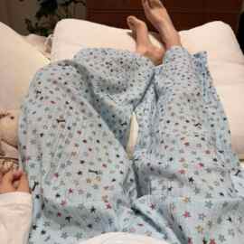 清新浅蓝彩色星星睡裤女春秋肌理宽松直筒长裤百搭休闲家居裤外穿