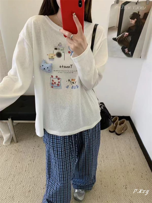013秋季2025新款慵懒风松弛感宽松上衣早秋薄棉长袖打底衫女士T恤|undefined