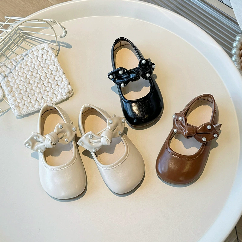 Soft children's fashionable shoes with bow for leather shoes for princess, 2024 years, autumn, trend of season, soft sole