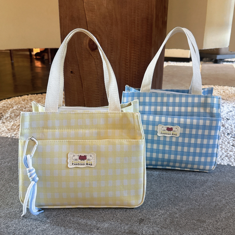 Simple and Fresh Style Plaid Canvas Tote Bag, Large Capacity Student Commuter Handbag, Portable Lunch Bag for Office Workers Simple and Fresh Style Plaid Canvas Tote Bag, Large Capacity Student Commuter Handbag, Portable Lunch Bag for Office Workers