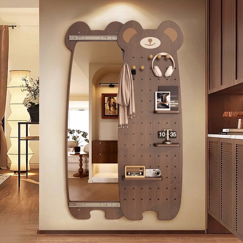Bear Dressing Mirror Perforated Board Sliding Mirror Home Wall-Mounted Full-Body Dressing Mirror Internet Celebrity Hidden Closeable Mirror