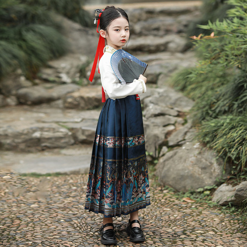 Children's Set of Ma Mian Skirts for Autumn/Winter, Modified Ming-style Chinese-style Semi-skirt Two-piece Set, Chinese-style Hanfu for Girls