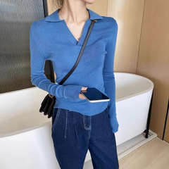 polo针织打底衫克莱因蓝气质毛衣女秋冬修身显瘦v领小众内搭上衣