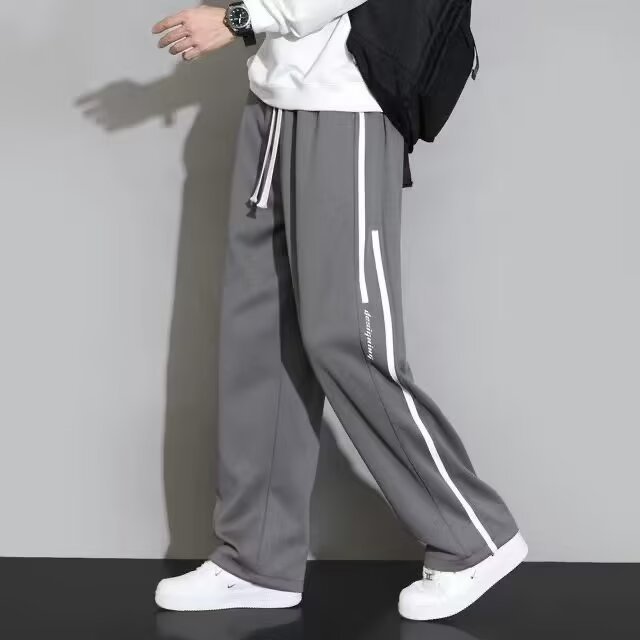 男士秋冬时尚个性两条杠直筒休闲长裤男青少年百搭垂感阔腿运动裤|undefined