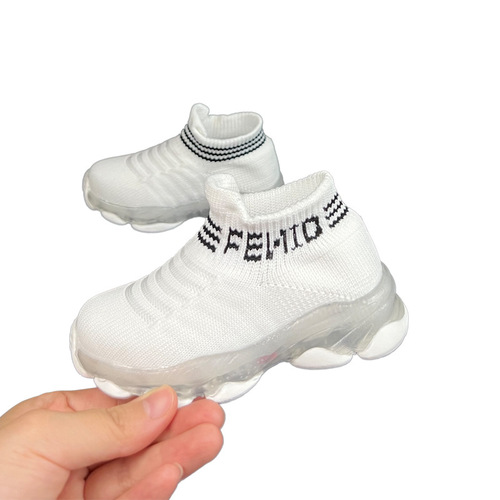 Boys and girls fly knit sports socks and shoes with LED lights for summer new style breathable elastic slip-on children's shoes