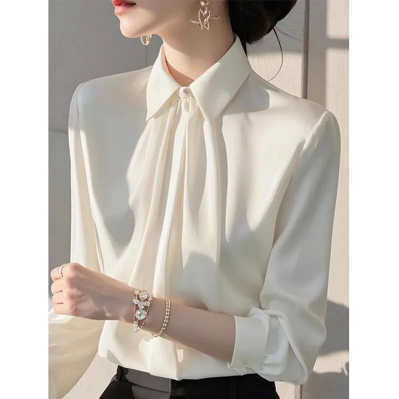Wholesale Fashionable and High-End Beautiful White Polo Collar Long-Sleeved Shirt for Women, Spring & Fall Elegant, Accessible Luxury Style Age-Reducing Shirt